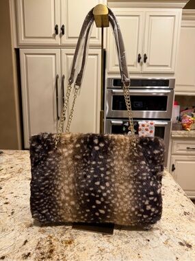 Expressions NYC Faux Fur Spotted Shoulder Bag - Brown